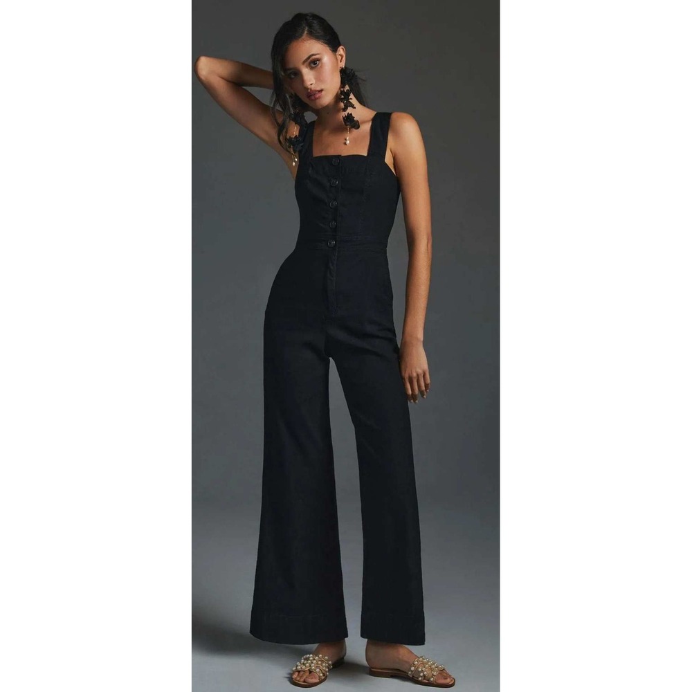 Maeve Black Wide-Leg Button-Front Jumpsuit